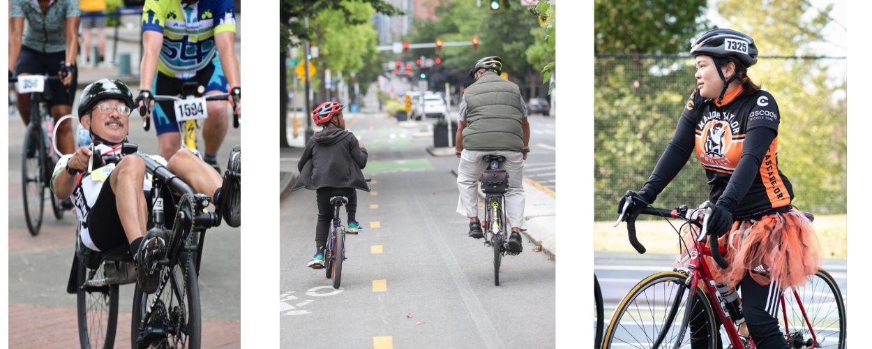 From left: 1) Asian man smiling in a recumbant bike on STP, 2) A Black boy and man bike downtown in Seattle on protected bike lanes 3) A young Asian woman wears a Major Taylor Project jersey and an orange tutu