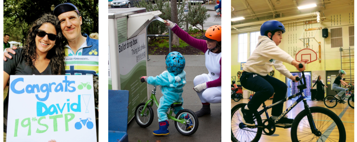 From left: 1) A White Woman and Man are smiling for the camera with a sign that says "congrats David 19th STP!" 2) A Mom and her child deliver a ballot by bike 3) A child practices riding a bike in a gym for Let's Go