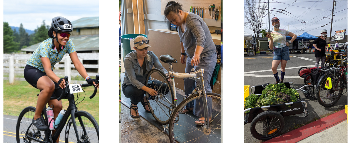 1) A Black woman smiles while riding STP through farmland 2) A white woman instructor kneels while showing an Asian woman how to fix her bike 3) People pose with kale in a bike trailer before they deliver it to neighbors in need with Pedaling Relief