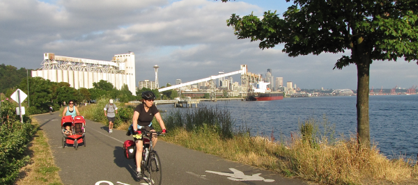 People biking on the Seattle Waterfront Trail